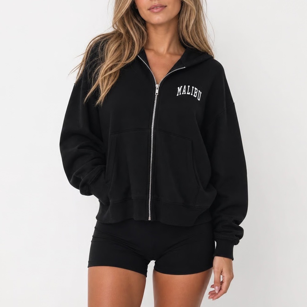 Faded Rose Malibu Health & Wellness Zip Up Hoodie Black Cropped Fleece XL